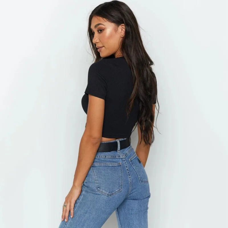 VibeWear™ Crop Top Côtelé Femme Manches Courtes — Noir & Blanc Streetwear S-L