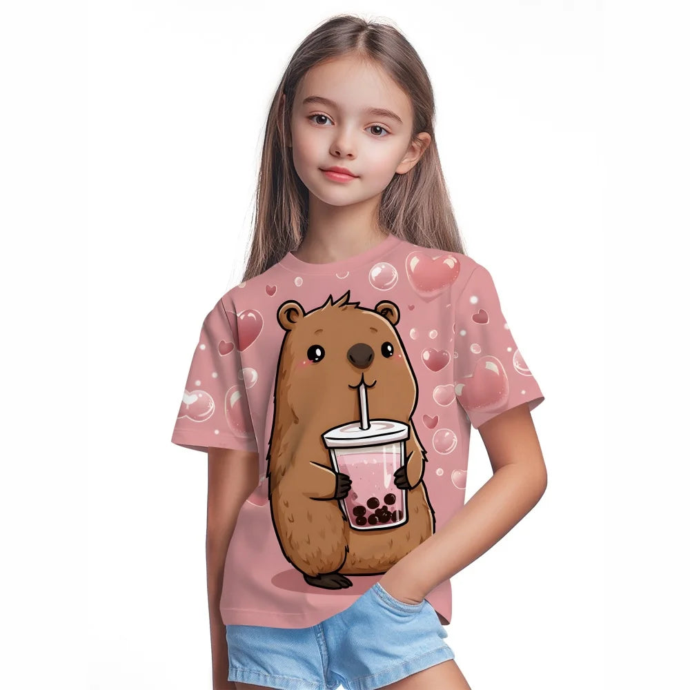 VibeWear™ T-Shirt Fille Capybara Kawaii — 7-13 Ans Été 2026