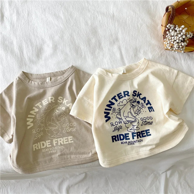 VibeWear™ T-Shirt Enfant 100% Coton Cartoon & Lettres — Unisexe 4-6 Ans