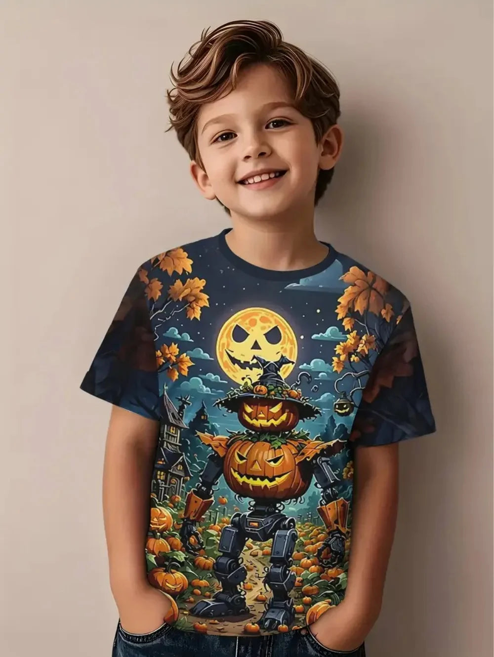 VibeWear™ T-Shirt Enfant Halloween Citrouille & Tête de Mort — 2-10 Ans