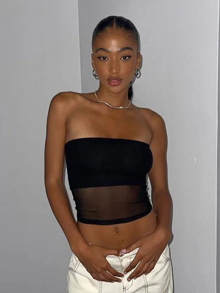 VibeWear™ Crop Top Corset Noir Mesh Sans Bretelles — Streetwear Été S-L