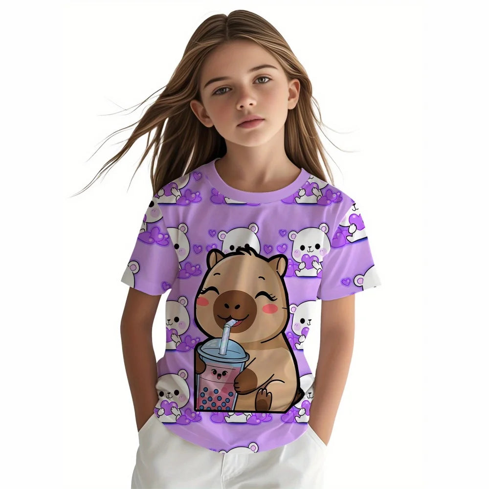 VibeWear™ T-Shirt Fille Capybara Kawaii — 7-13 Ans Été 2026