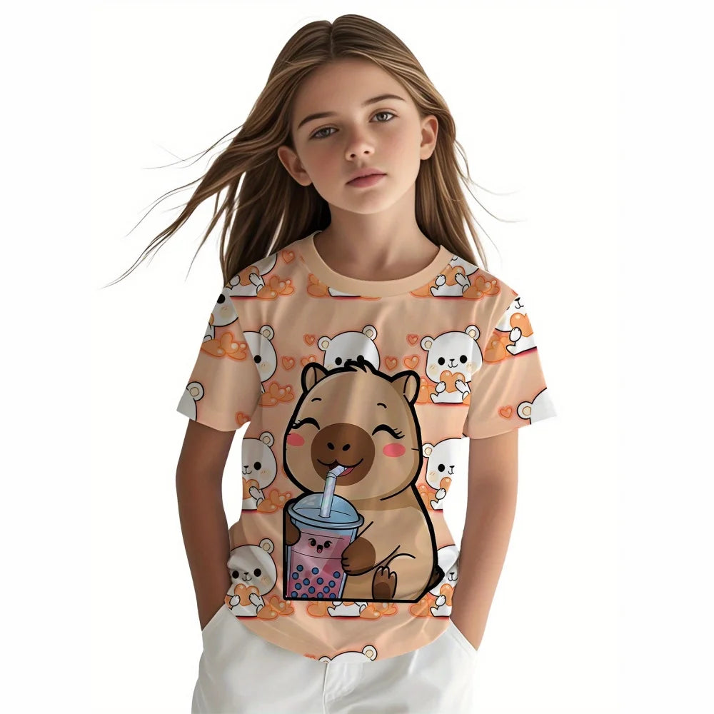 VibeWear™ T-Shirt Fille Capybara Kawaii — 7-13 Ans Été 2026