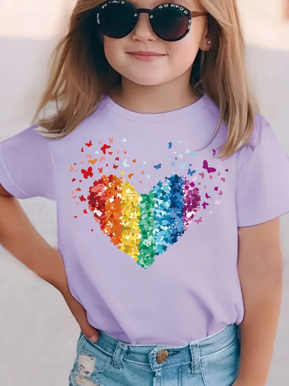 VibeWear™ T-Shirt Fille Coton Sequins Cœur Arc-en-Ciel & Papillon — 7-13 Ans