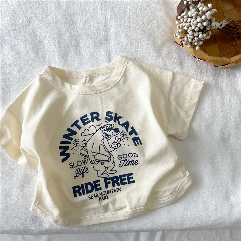 VibeWear™ T-Shirt Enfant 100% Coton Cartoon & Lettres — Unisexe 4-6 Ans