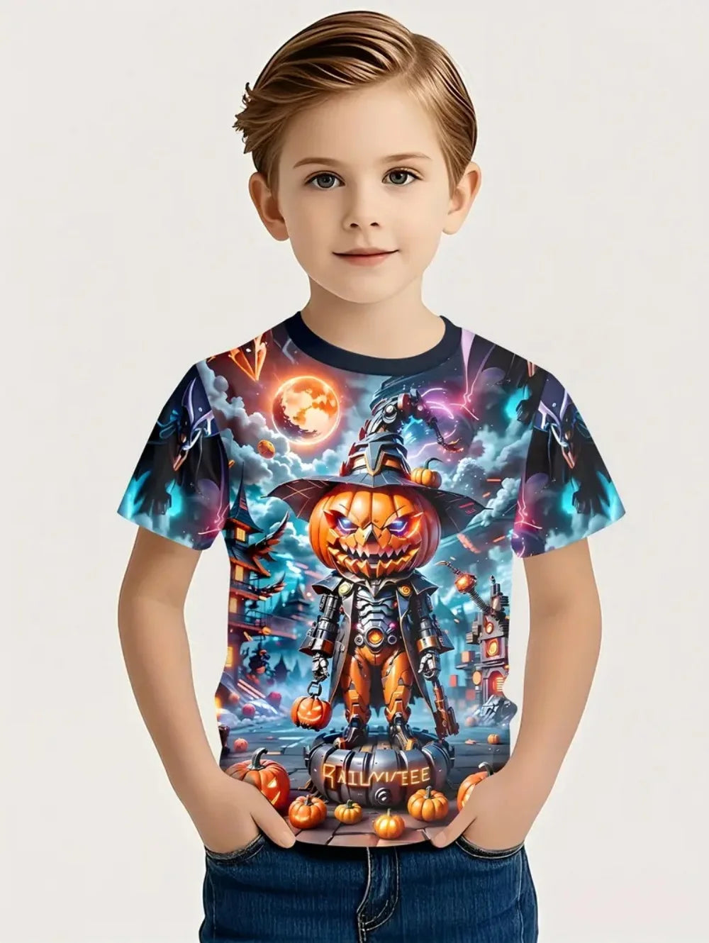 VibeWear™ T-Shirt Enfant Halloween Citrouille & Tête de Mort — 2-10 Ans