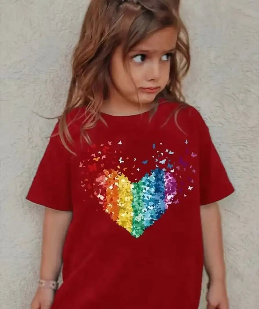 VibeWear™ T-Shirt Fille Coton Sequins Cœur Arc-en-Ciel & Papillon — 7-13 Ans