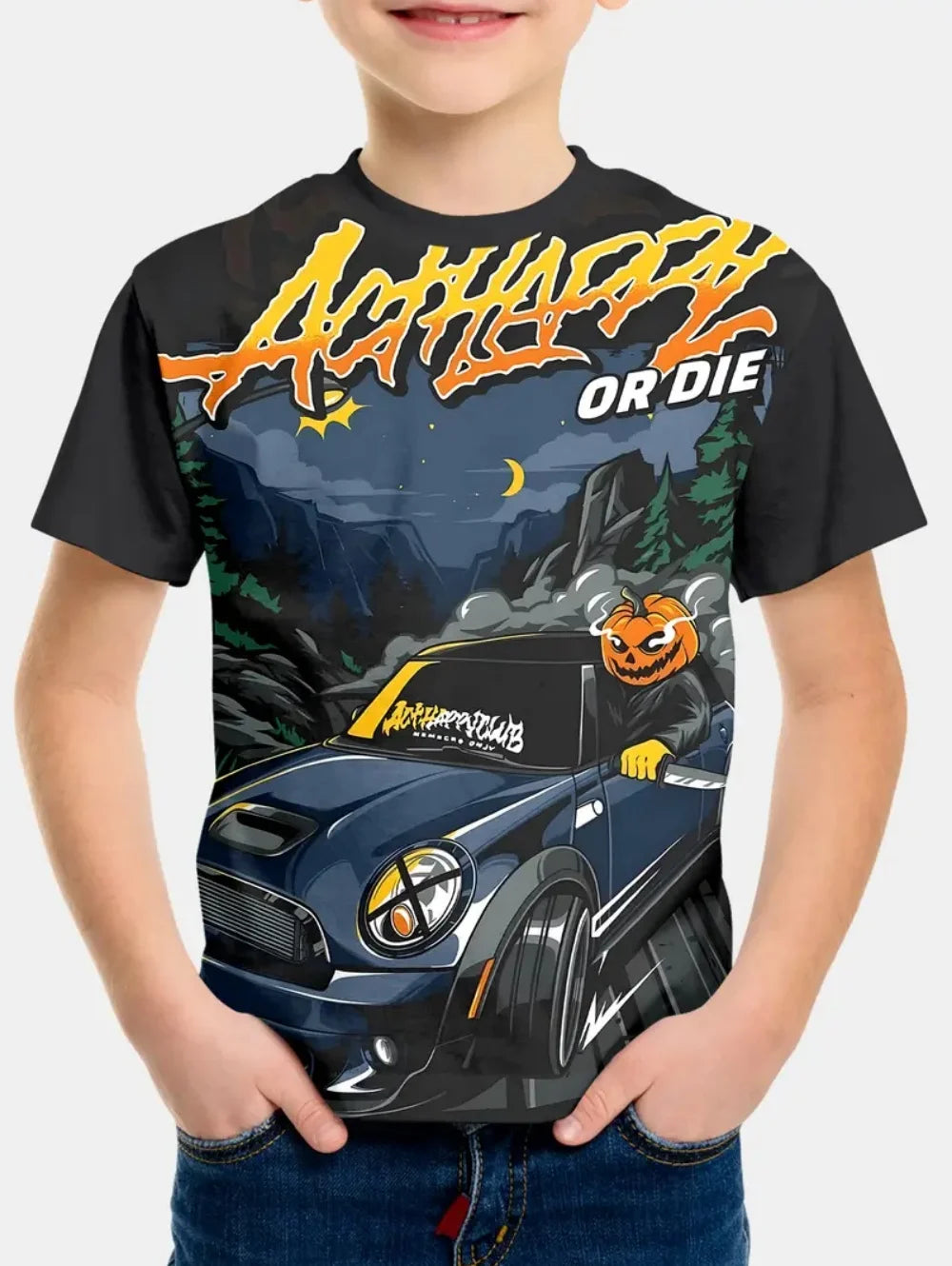 VibeWear™ T-Shirt Enfant Halloween Citrouille & Tête de Mort — 2-10 Ans