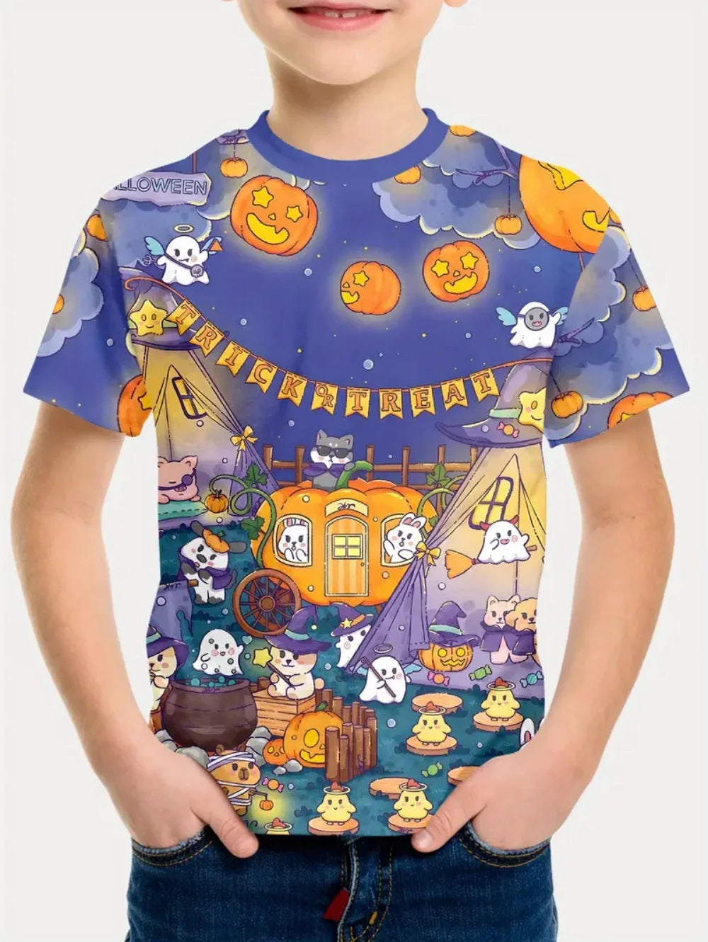 VibeWear™ T-Shirt Enfant Halloween Citrouille & Tête de Mort — 2-10 Ans
