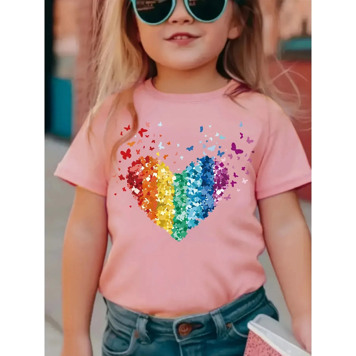 VibeWear™ T-Shirt Fille Coton Sequins Cœur Arc-en-Ciel & Papillon — 7-13 Ans