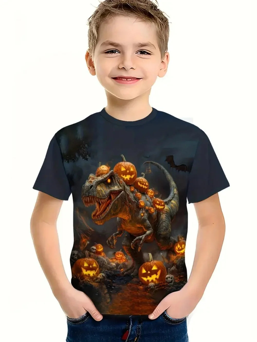 VibeWear™ T-Shirt Enfant Halloween Citrouille & Tête de Mort — 2-10 Ans