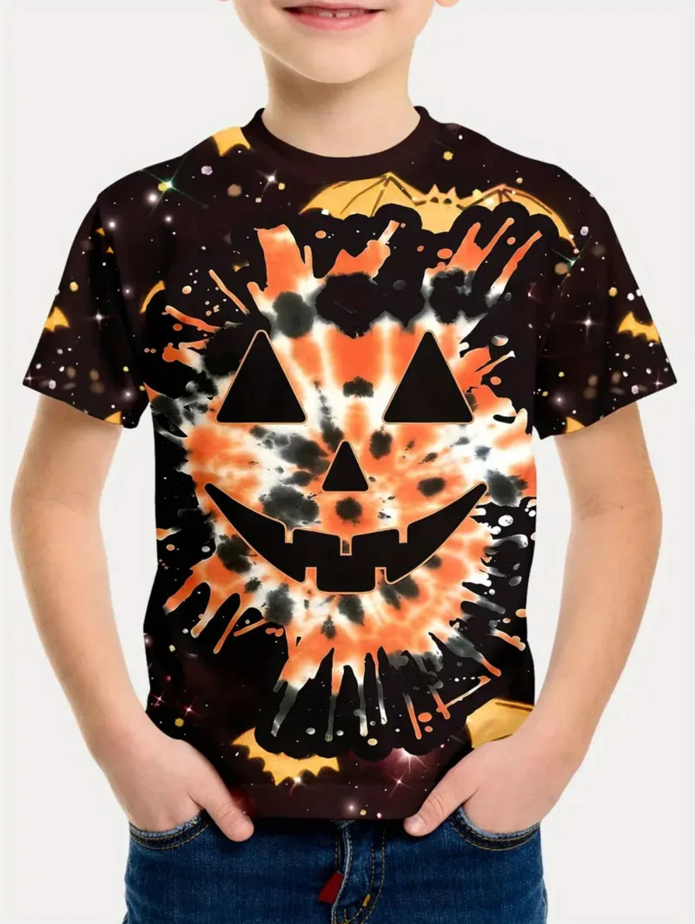 VibeWear™ T-Shirt Enfant Halloween Citrouille & Tête de Mort — 2-10 Ans
