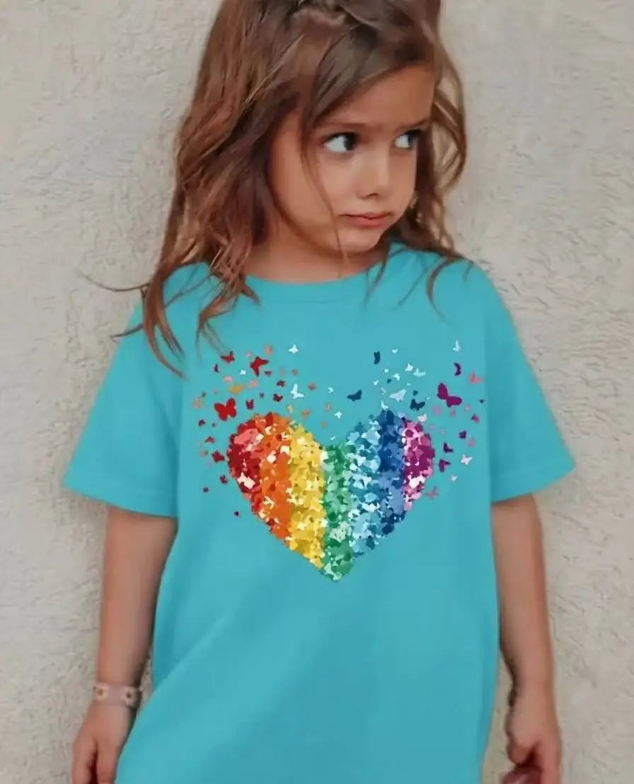 VibeWear™ T-Shirt Fille Coton Sequins Cœur Arc-en-Ciel & Papillon — 7-13 Ans