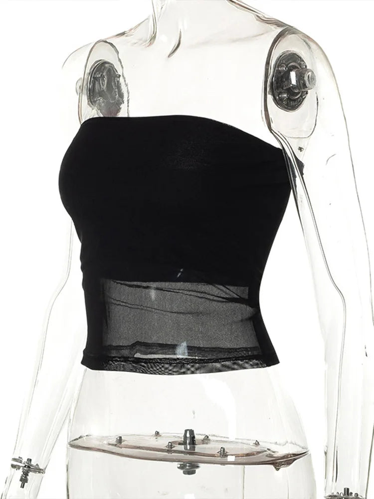 VibeWear™ Crop Top Corset Noir Mesh Sans Bretelles — Streetwear Été S-L
