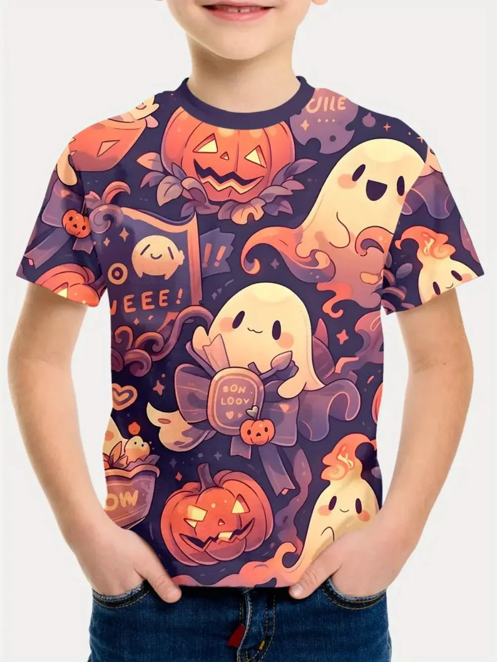 VibeWear™ T-Shirt Enfant Halloween Citrouille & Tête de Mort — 2-10 Ans