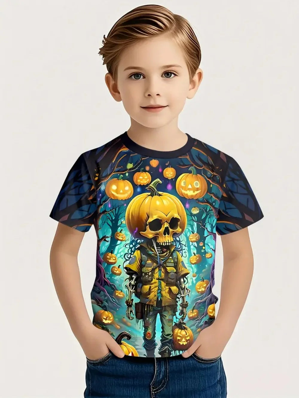 VibeWear™ T-Shirt Enfant Halloween Citrouille & Tête de Mort — 2-10 Ans