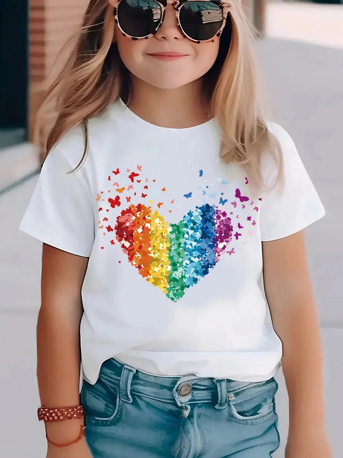 VibeWear™ T-Shirt Fille Coton Sequins Cœur Arc-en-Ciel & Papillon — 7-13 Ans
