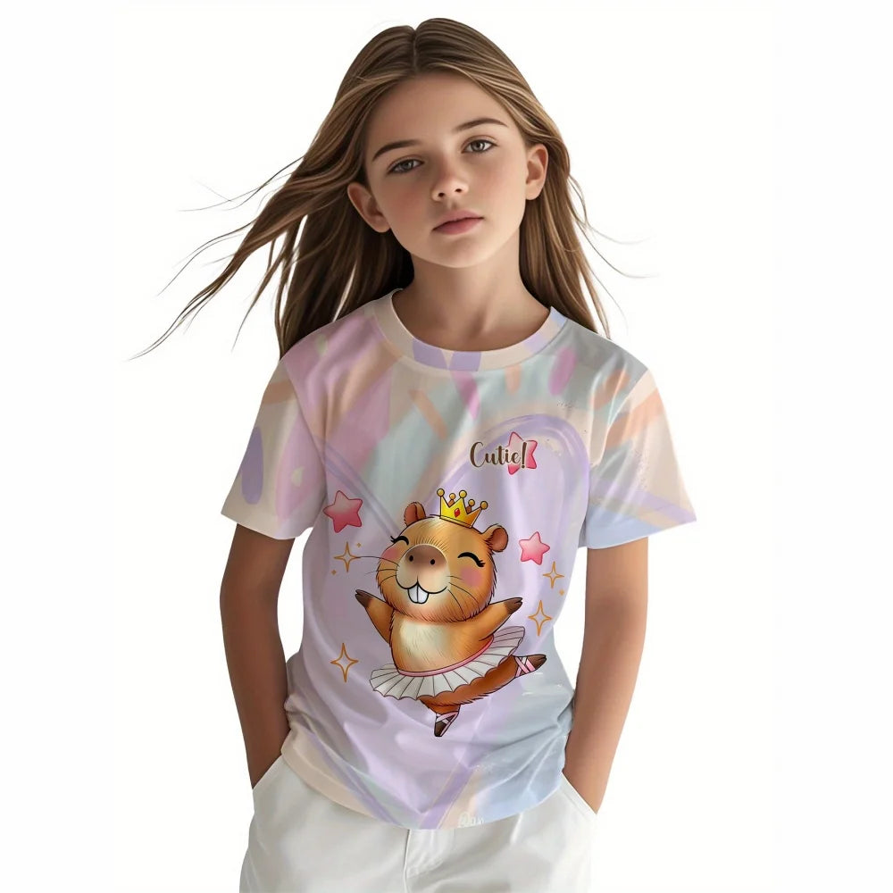 VibeWear™ T-Shirt Fille Capybara Kawaii — 7-13 Ans Été 2026