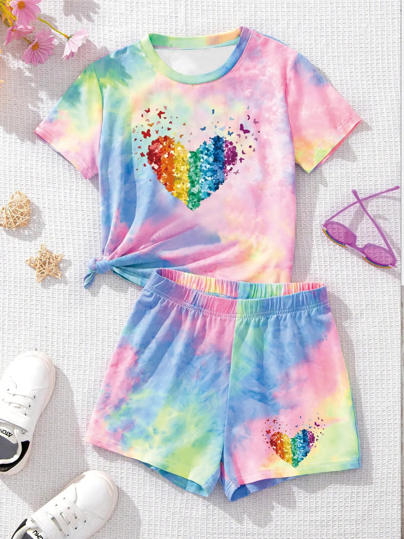VibeWear™ Ensemble Fille 2 Pièces Tie-Dye Arc-en-Ciel — Été 4-12 Ans