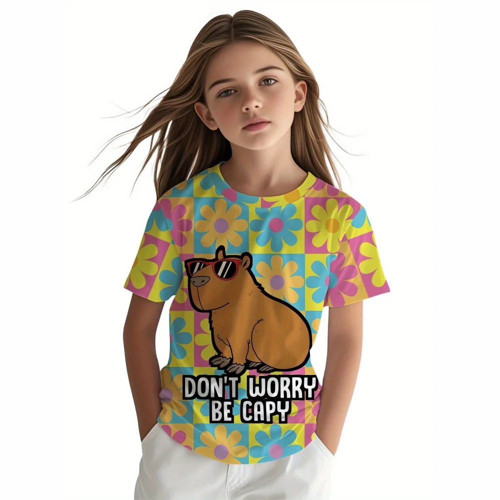 VibeWear™ T-Shirt Fille Capybara Kawaii — 7-13 Ans Été 2026