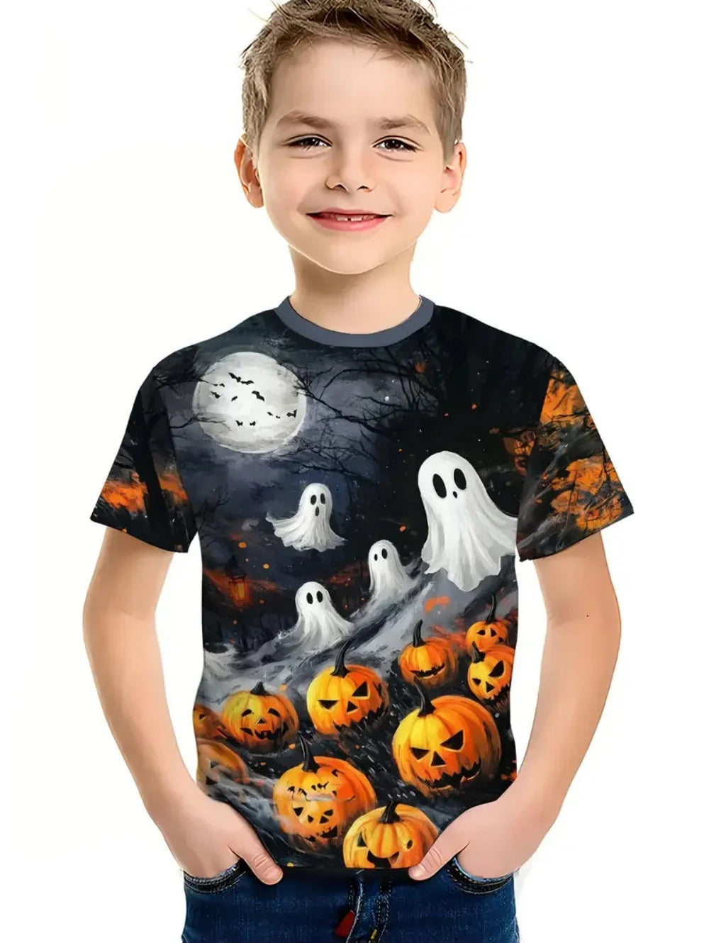 VibeWear™ T-Shirt Enfant Halloween Citrouille & Tête de Mort — 2-10 Ans
