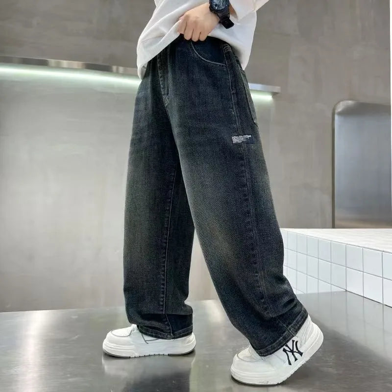 VibeWear™ Jean Garçon Streetwear Imprimé Lettres — Coupe Loose 4-14 Ans