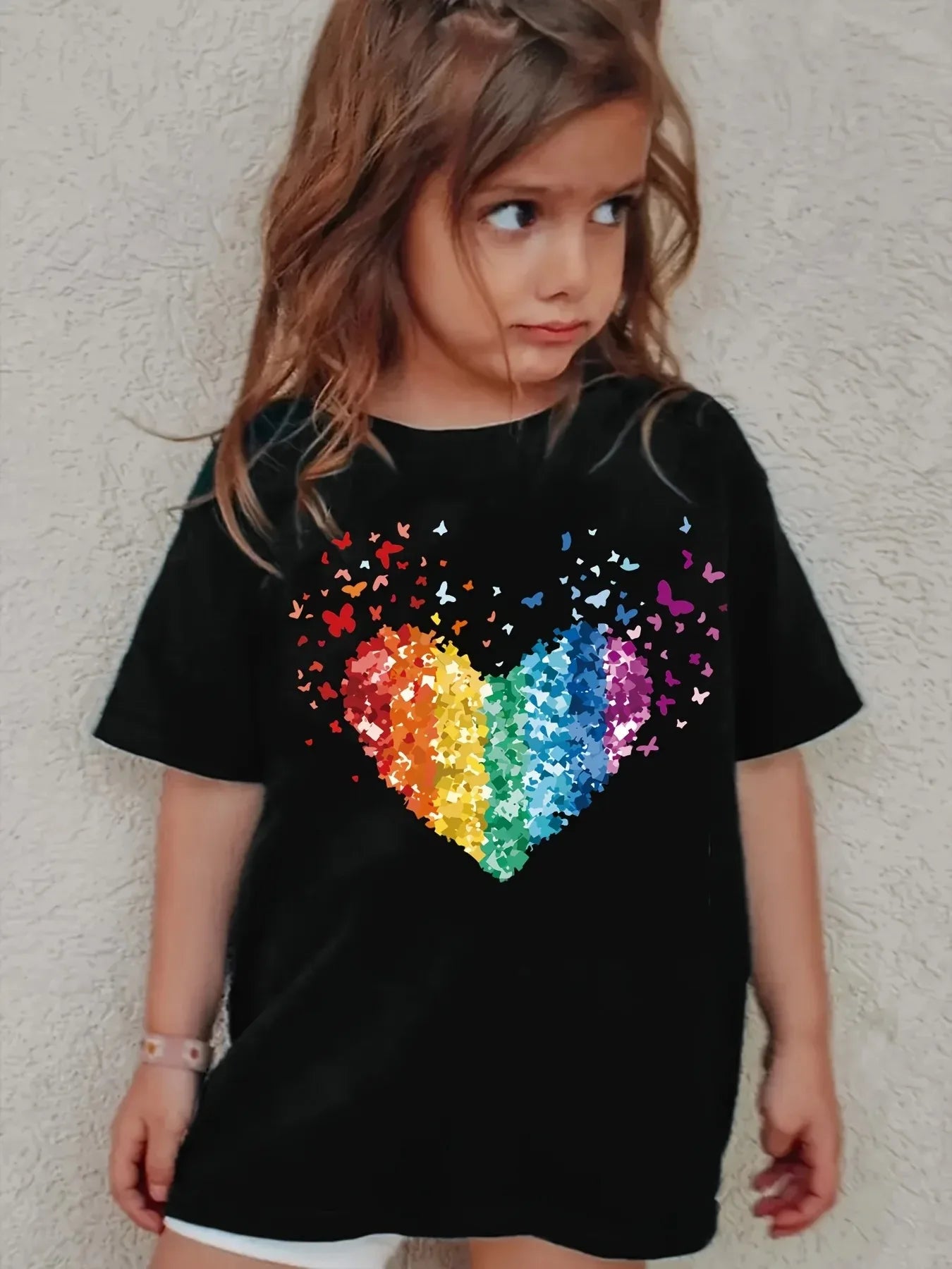 VibeWear™ T-Shirt Fille Coton Sequins Cœur Arc-en-Ciel & Papillon — 7-13 Ans