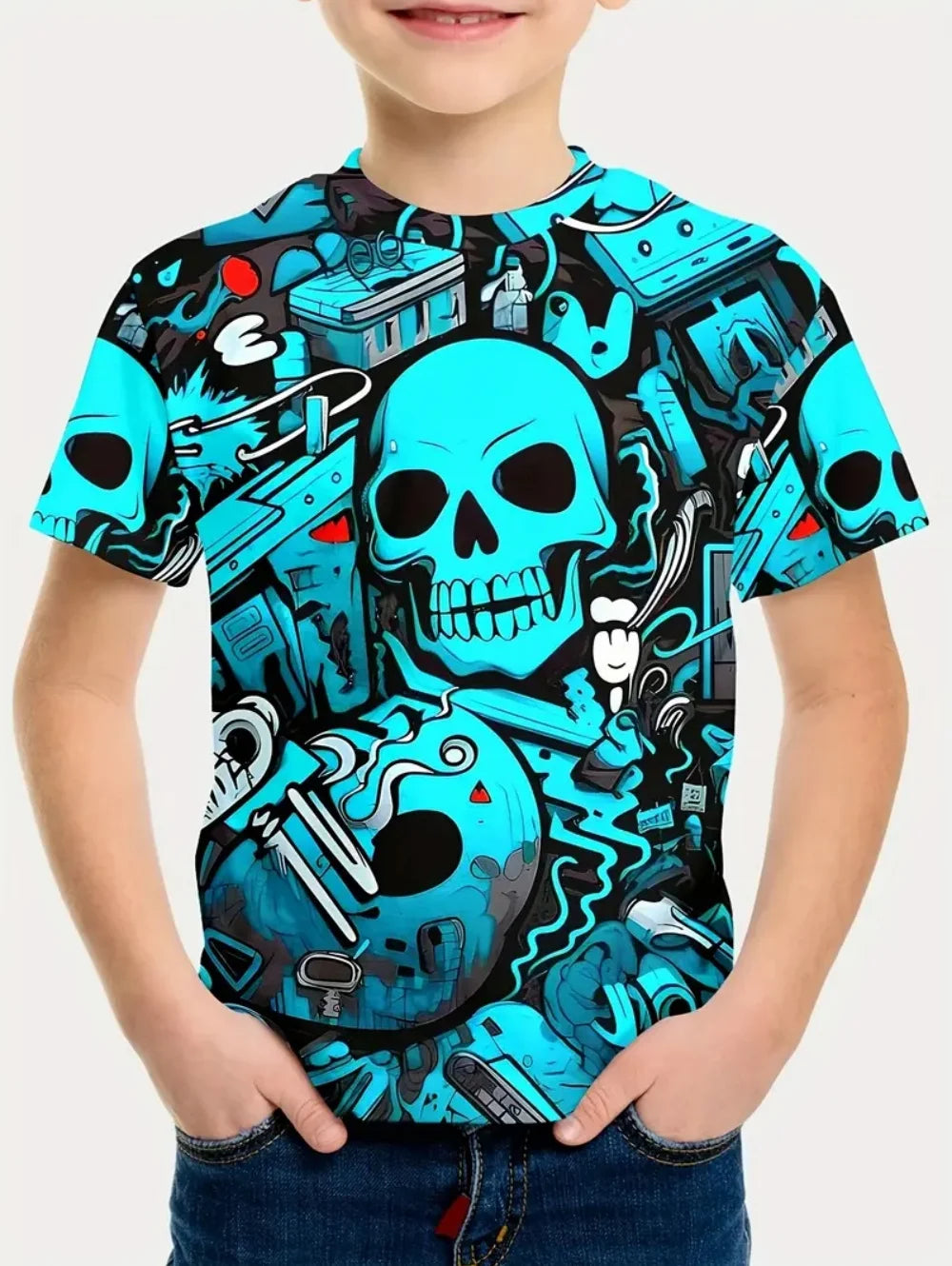 VibeWear™ T-Shirt Enfant Halloween Citrouille & Tête de Mort — 2-10 Ans